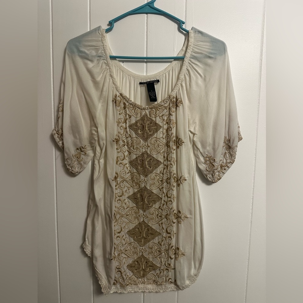 Lucky Brand White Blouse with Gold Embroidery